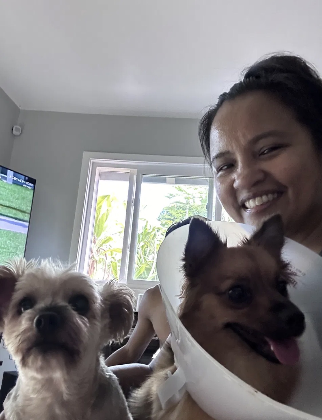 Happy selfie with two small dogs
