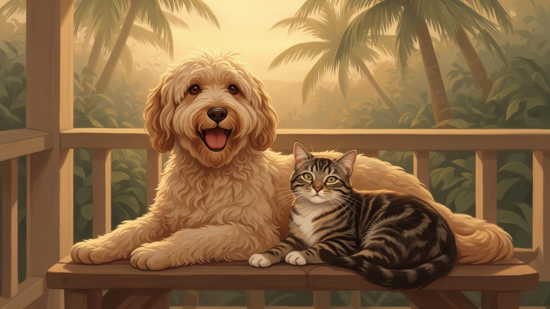 Happy dog and cat relaxing on a lanai